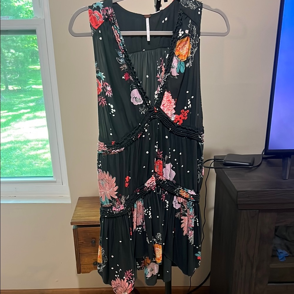 Free People Black Floral Asymmetrical V-Neck Dress